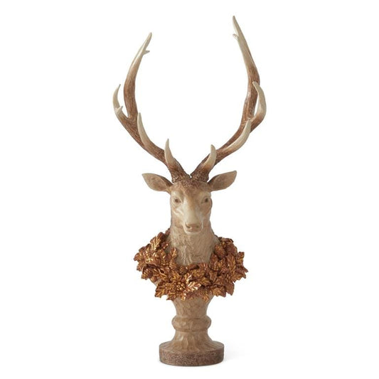 30.5 Inch Resin Faux Woodgrain Deer Bust on Pedestal with Gold Wreath