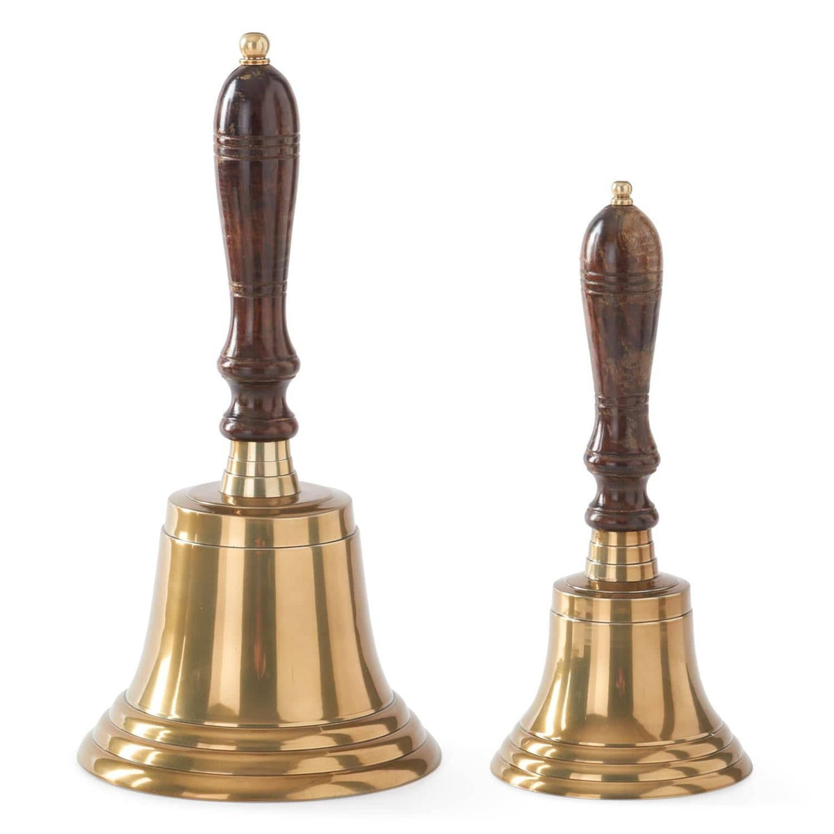 Set of two brass hand bells with dark brown turned wooden handles, large and small sizes