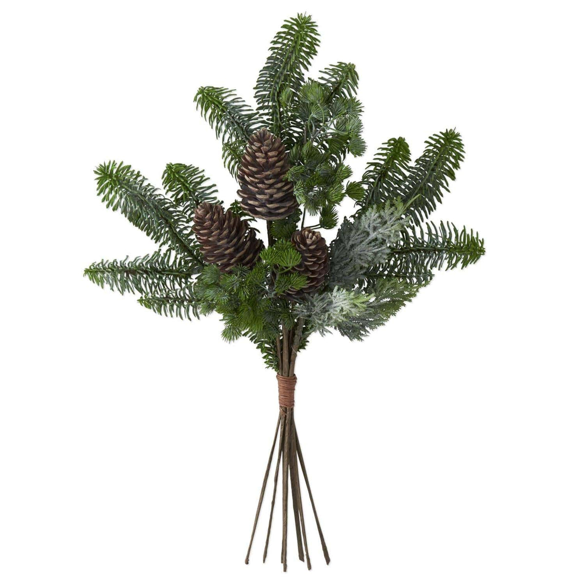 Bundled artificial mixed pine branches with three brown pinecones tied with twine, front view
