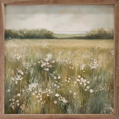 Neutral Field Of Flowers By Petals Prints Design Wooden Art Print