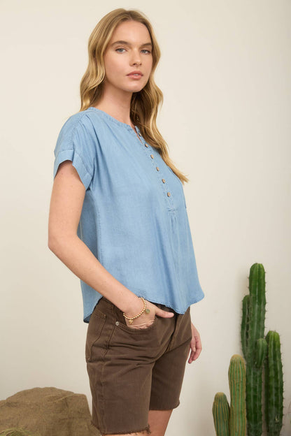 Chambray Henley Ruched Top