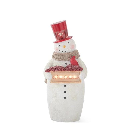 14.5 Inch Fabric-Look Snowman w/LED Merry Christmas Sign