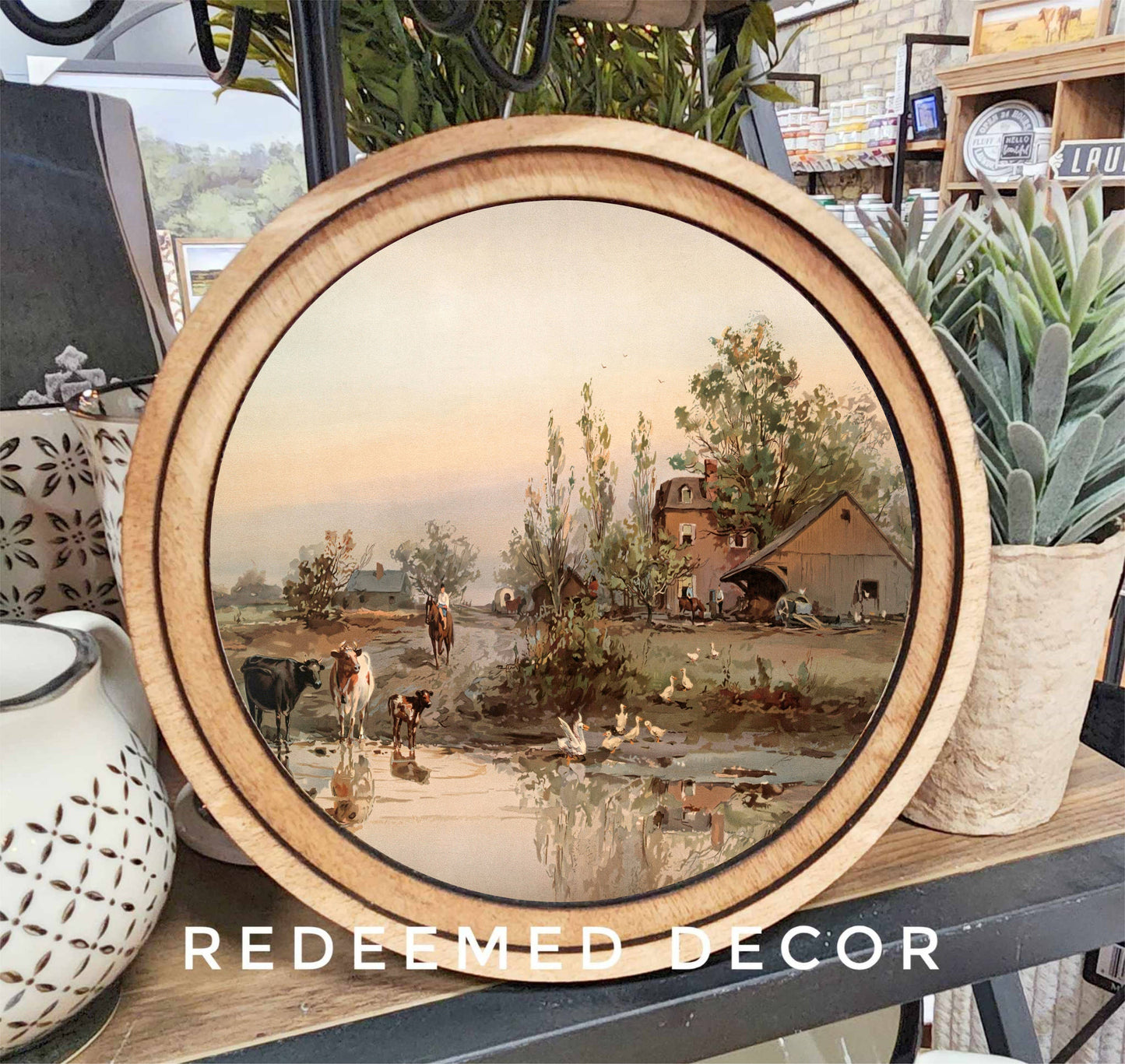 8-inch round farm pond canvas print in double-layer Early American stained wood frame