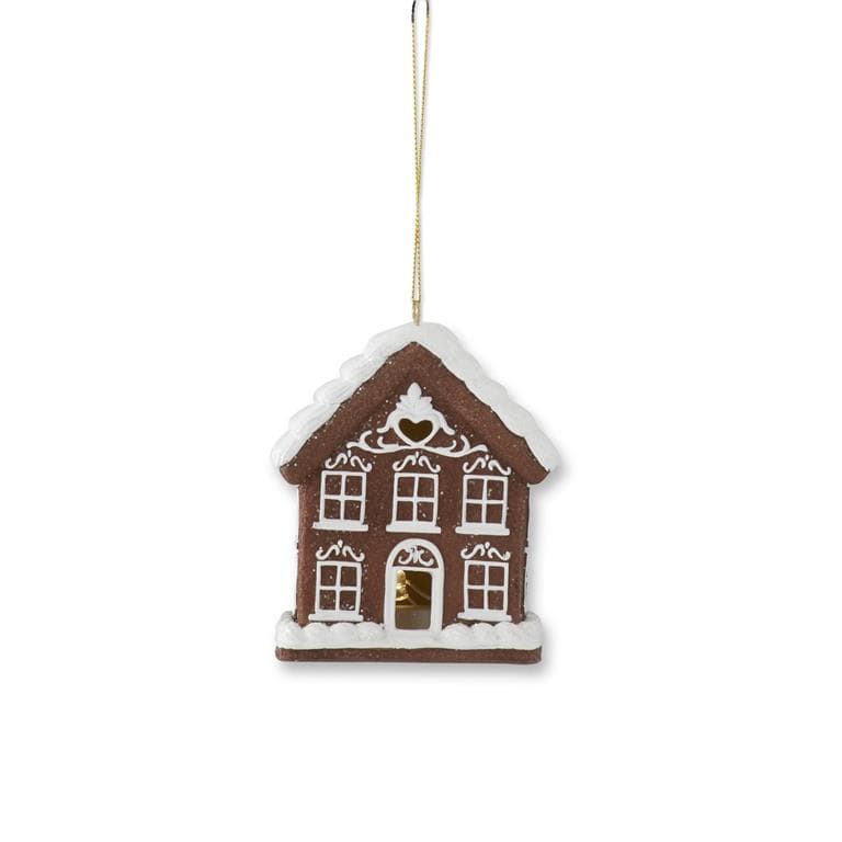 4.25 Inch Gingerbread House LED Ornament with White Glittered Icing