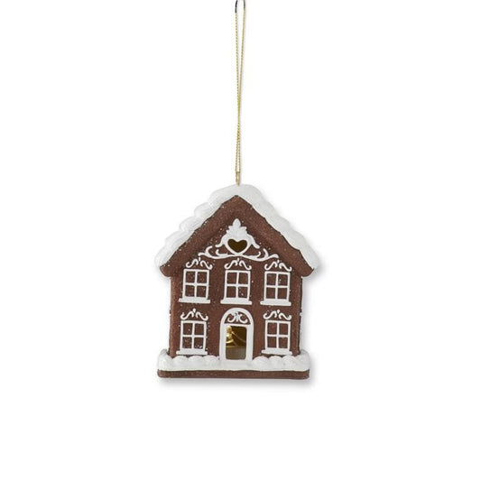 4.25 Inch Gingerbread House LED Ornament with White Glittered Icing