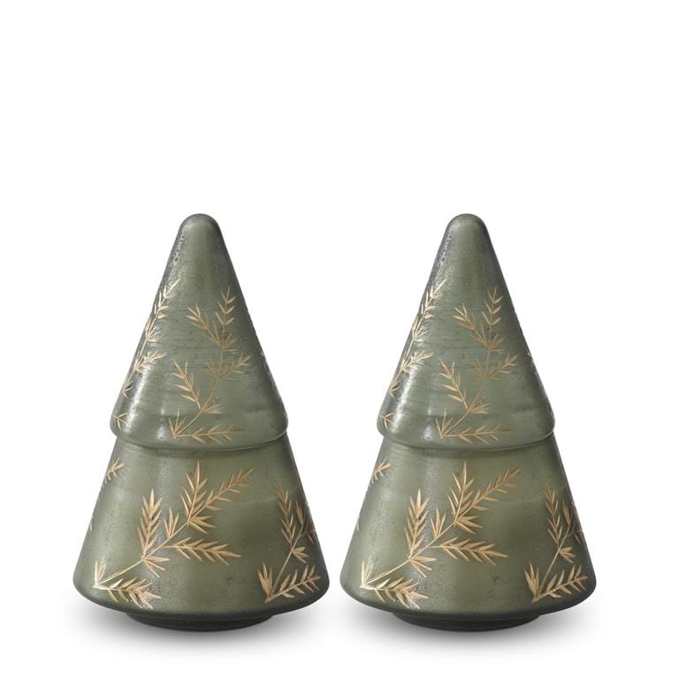 8.25 Inch Green Glass Filled Christmas Tree Candles with Etch