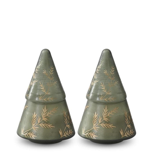 8.25 Inch Green Glass Filled Christmas Tree Candles with Etch