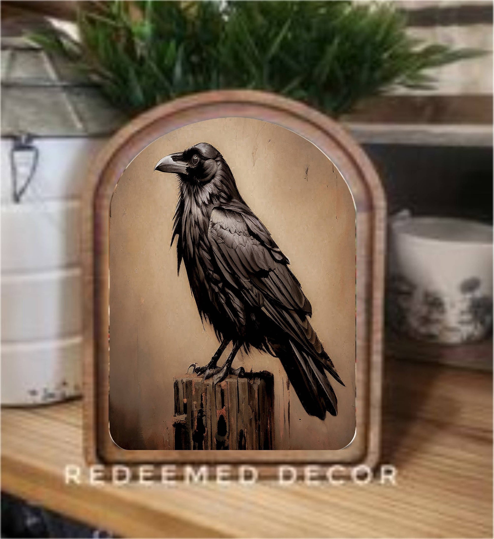 Arch top framed raven art on wood backer with Early American stained double frame