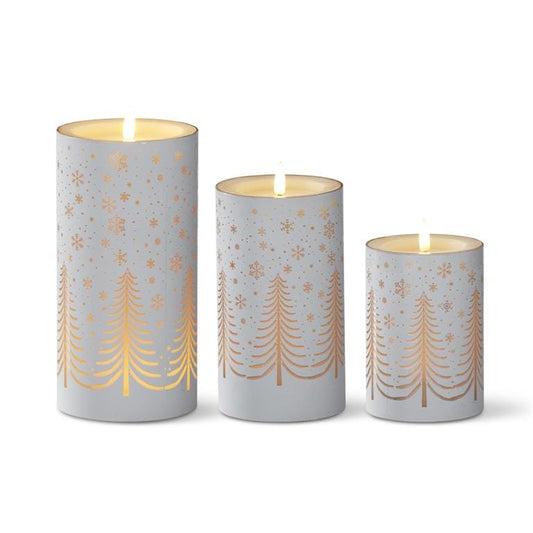 White Glass & Wax LED Snowflakes & Trees Candles with Timers, 3 Sizes