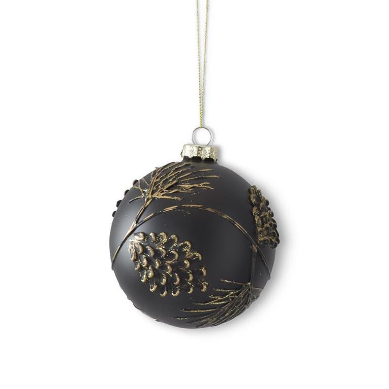 4.25 Inch Black with Gold Glittered Pine Sprigs Round Glass Ornament