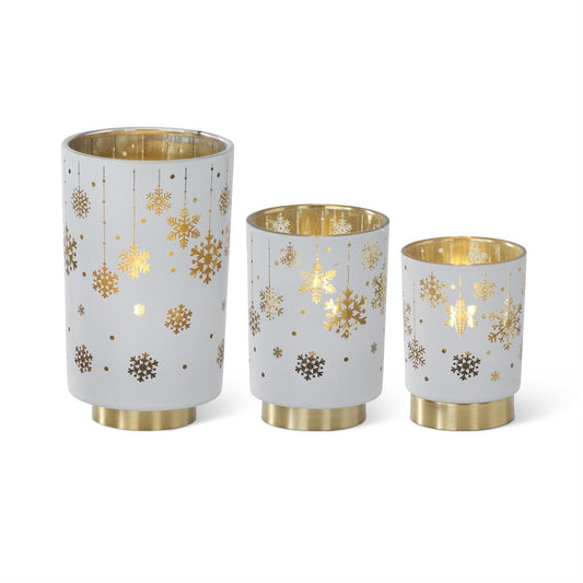 White & Gold Interior Snowflake Glass Cylinders w/LED & Timers, 3 Sizes