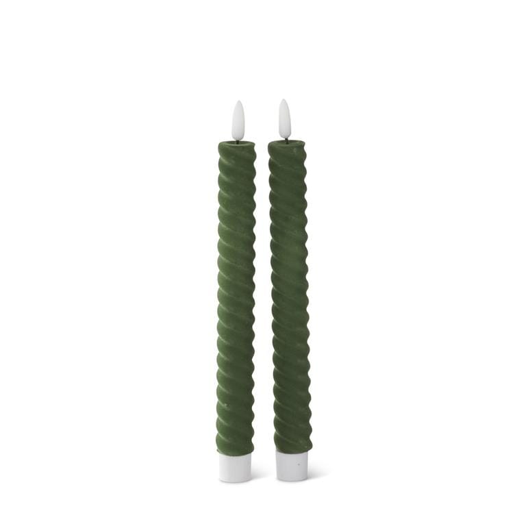 9.75 Inch Light Green Flocked Spiral LED Taper Candles with Timers