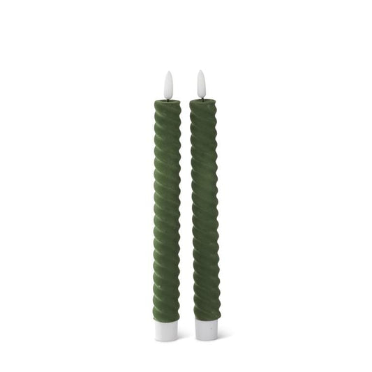 9.75 Inch Light Green Flocked Spiral LED Taper Candles with Timers