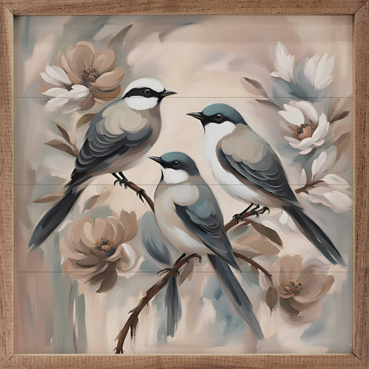Three Birds On Floral Branch Wooden Art Print