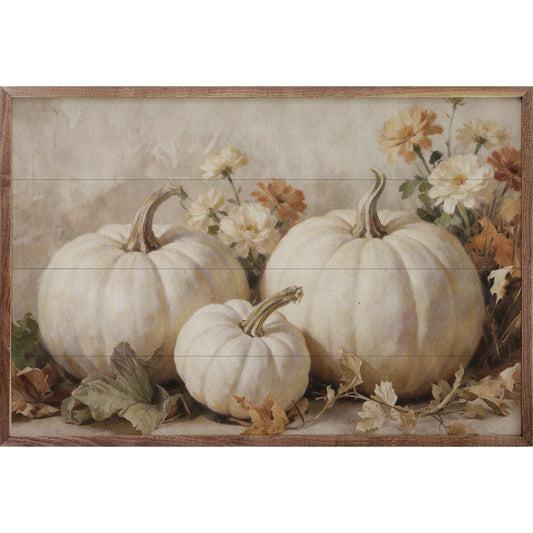 Framed painting of three white pumpkins with autumn florals and fallen leaves
