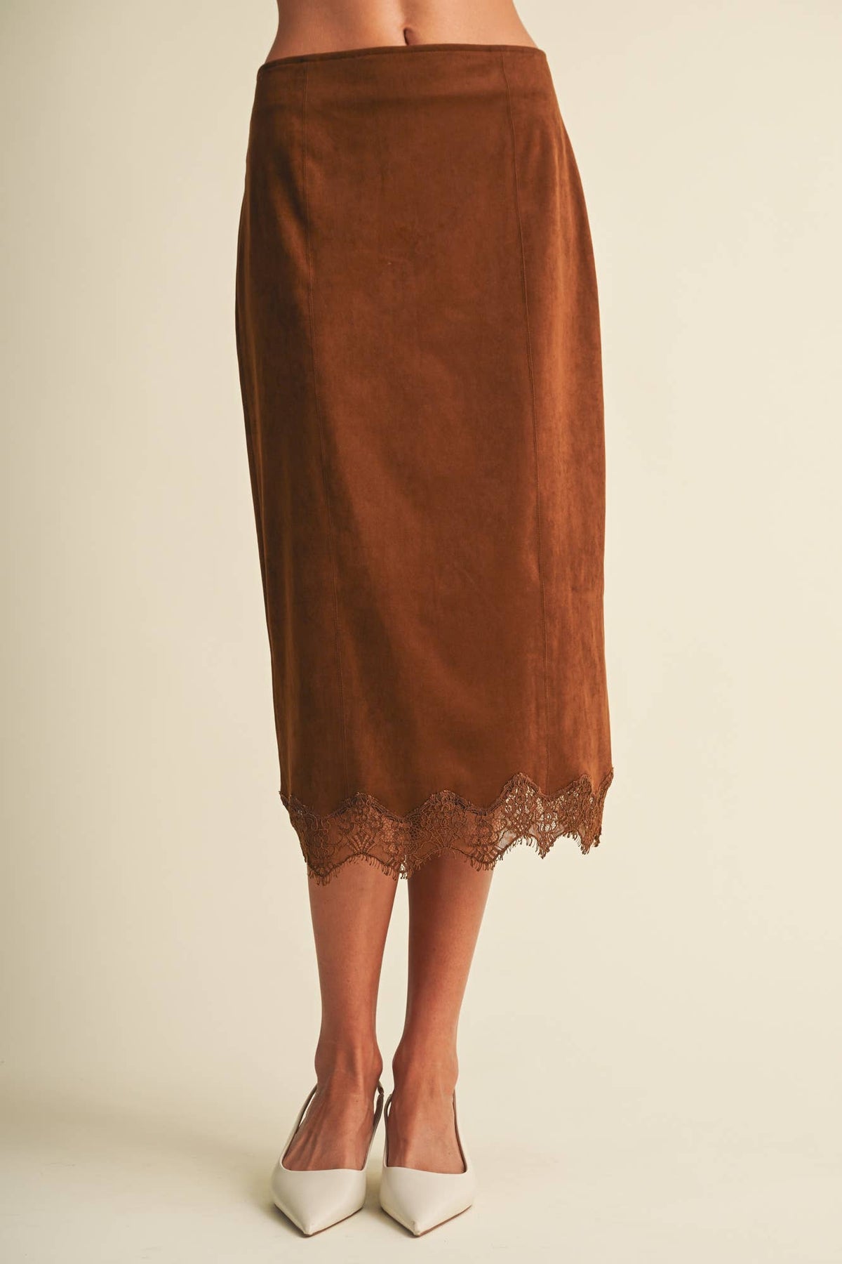 Scallop-Trim Microsuede Midi Skirt