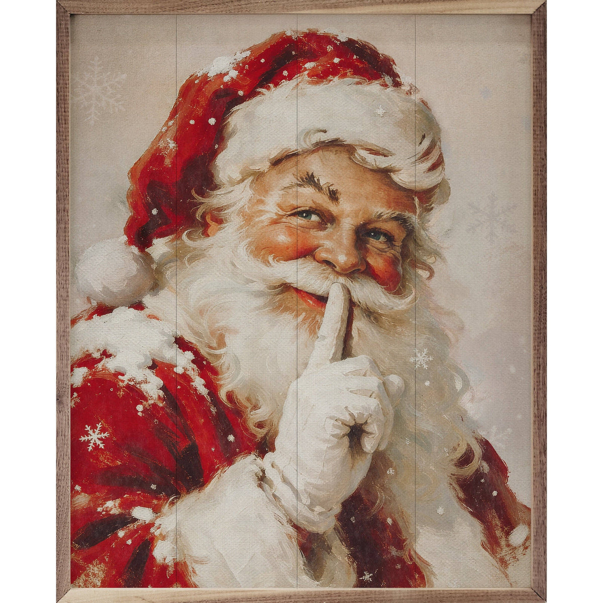 Framed painting of Santa Claus holding finger to lips with snowflakes