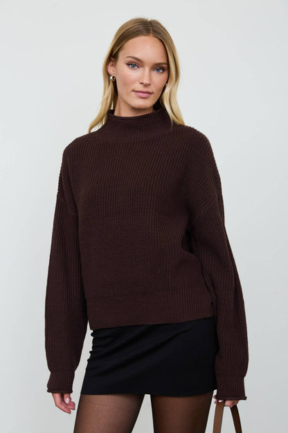 Ribbed Rolled Mock Neck Cropped Knit Sweater
