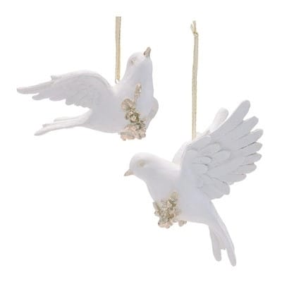 Two white dove hanging ornaments with gold floral accents and twine loops, wings spread