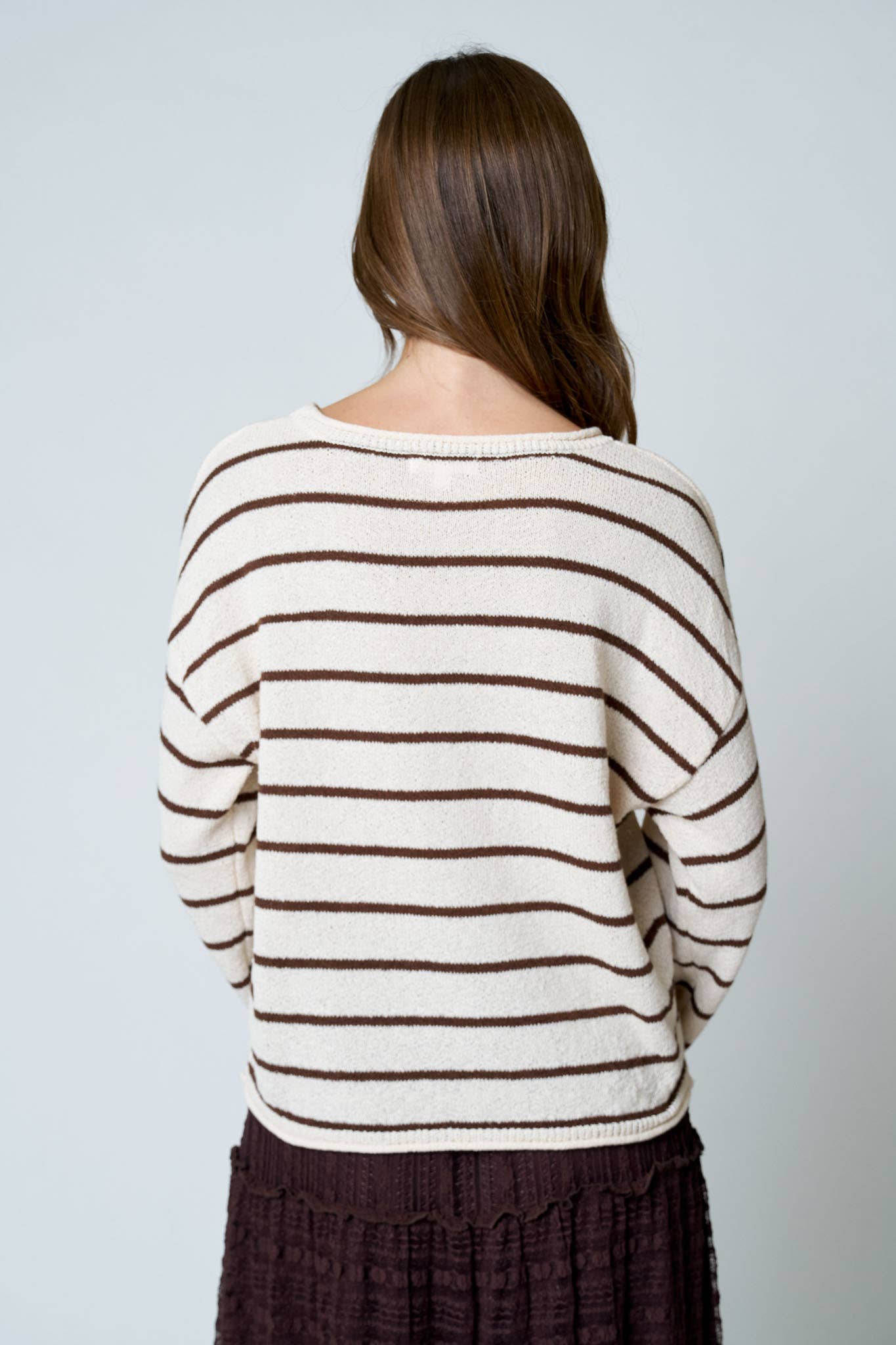 STRIPE TEXTURED RAW EDGE LONG SLEEVE KNIT SWEATER