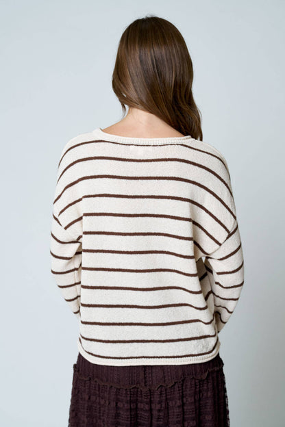 STRIPE TEXTURED RAW EDGE LONG SLEEVE KNIT SWEATER