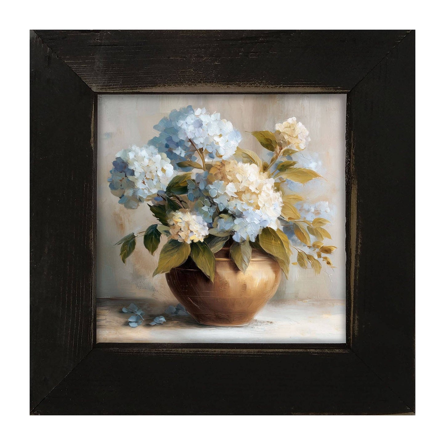 Copper Vase with Blue and White Hydrangeas