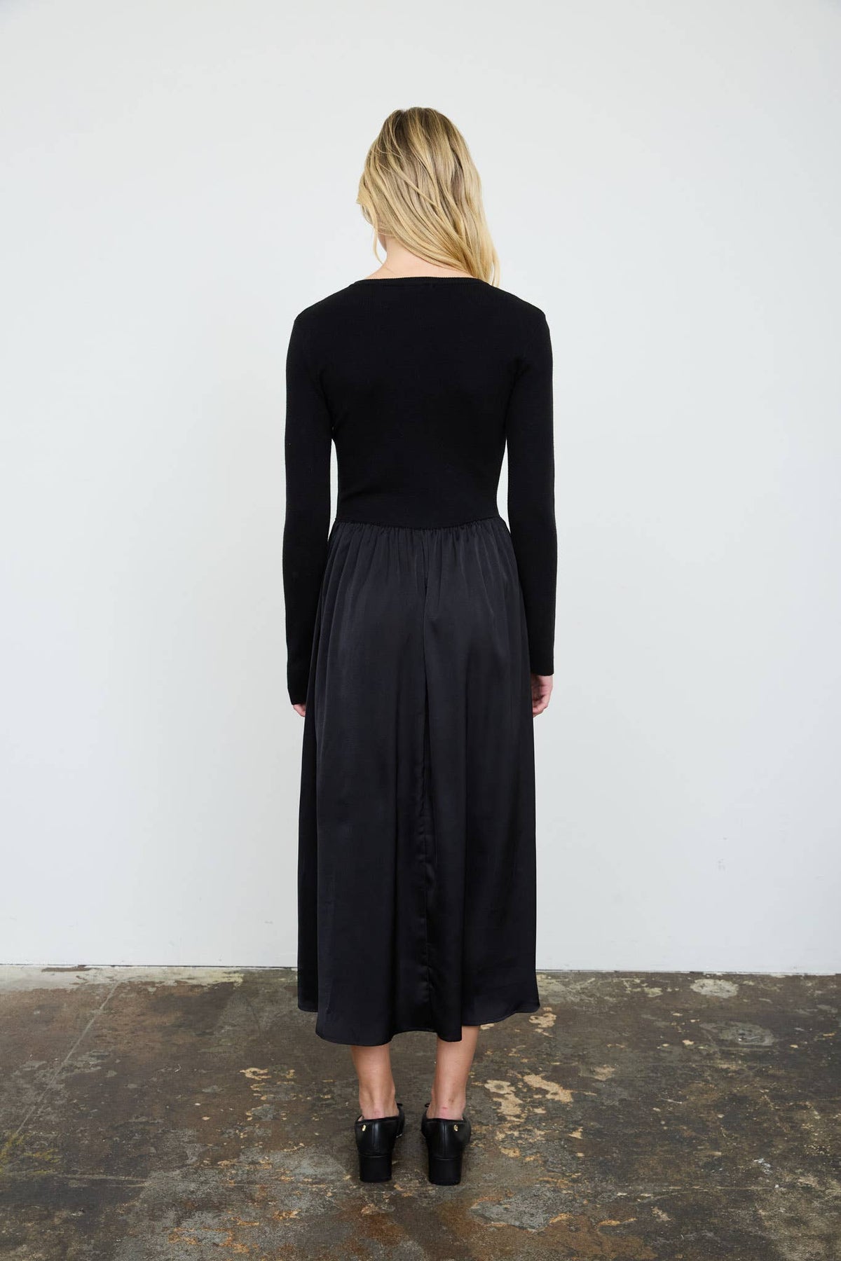 Knit Cardigan Satin Skirt Twofer Midi Dress