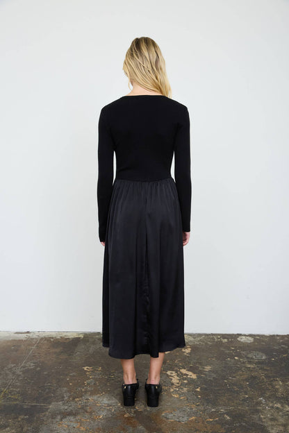 Knit Cardigan Satin Skirt Twofer Midi Dress