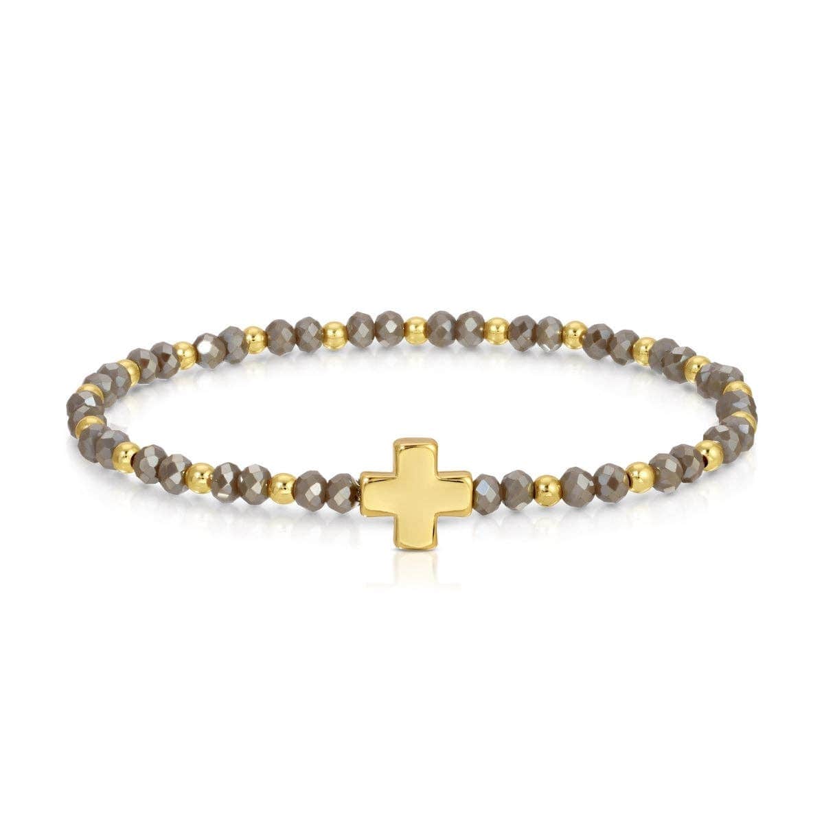 Gray faceted crystal and gold bead stretch bracelet with gold cross centerpiece