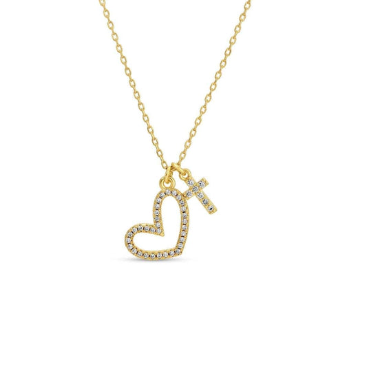 Pave Heart and Cross Pendant Necklace