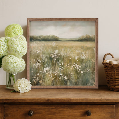 Neutral Field Of Flowers By Petals Prints Design Wooden Art Print
