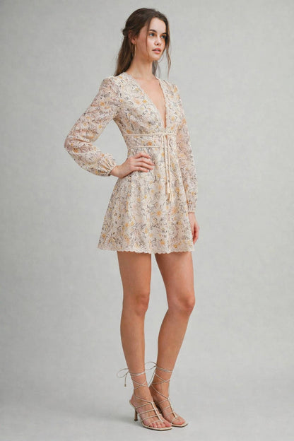ED6112A Floral Lace Long Sleeve Mini Dress