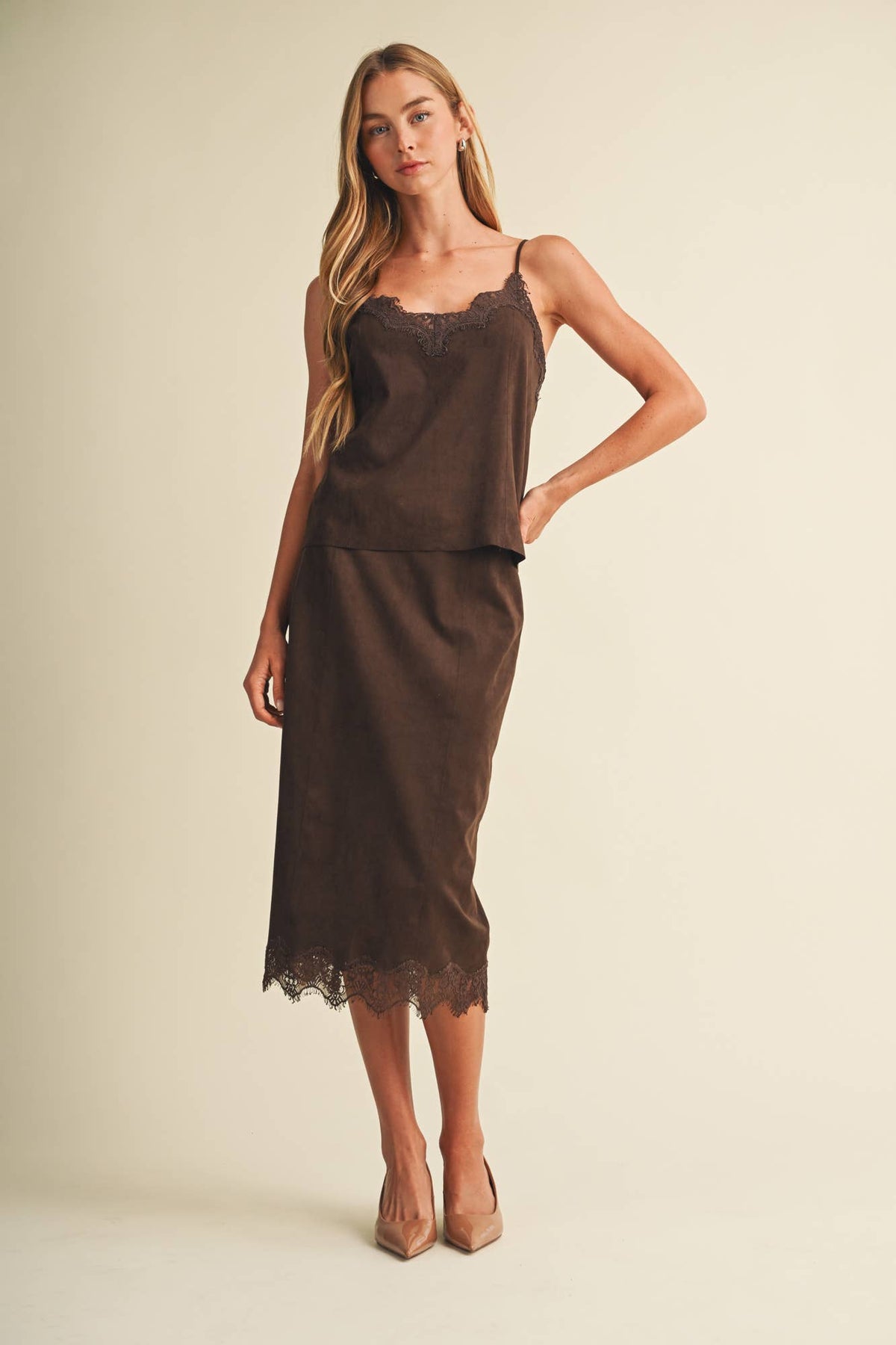 Scallop-Trim Microsuede Midi Skirt