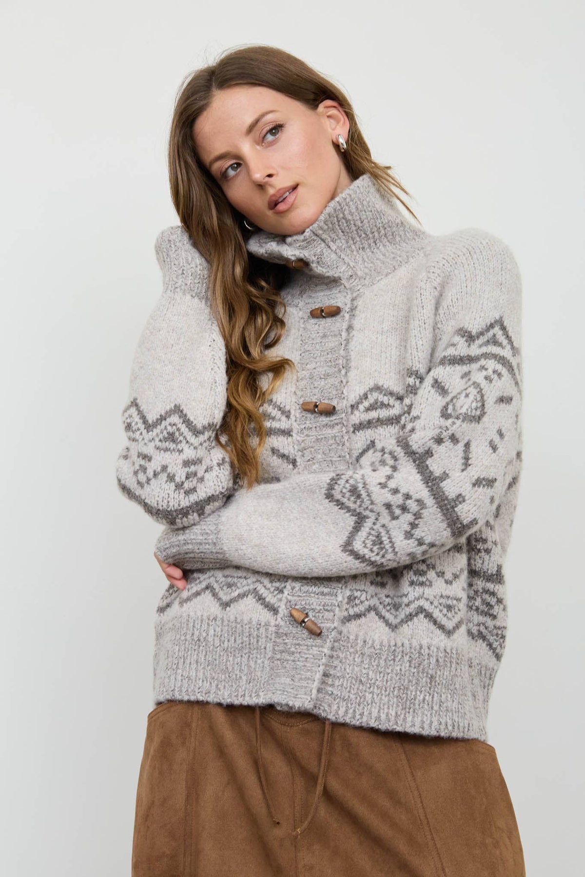 Mock Neck Toggle Button Knit Cardigan