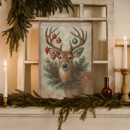 Christmas Whitetail Deer With Wreath Art Print