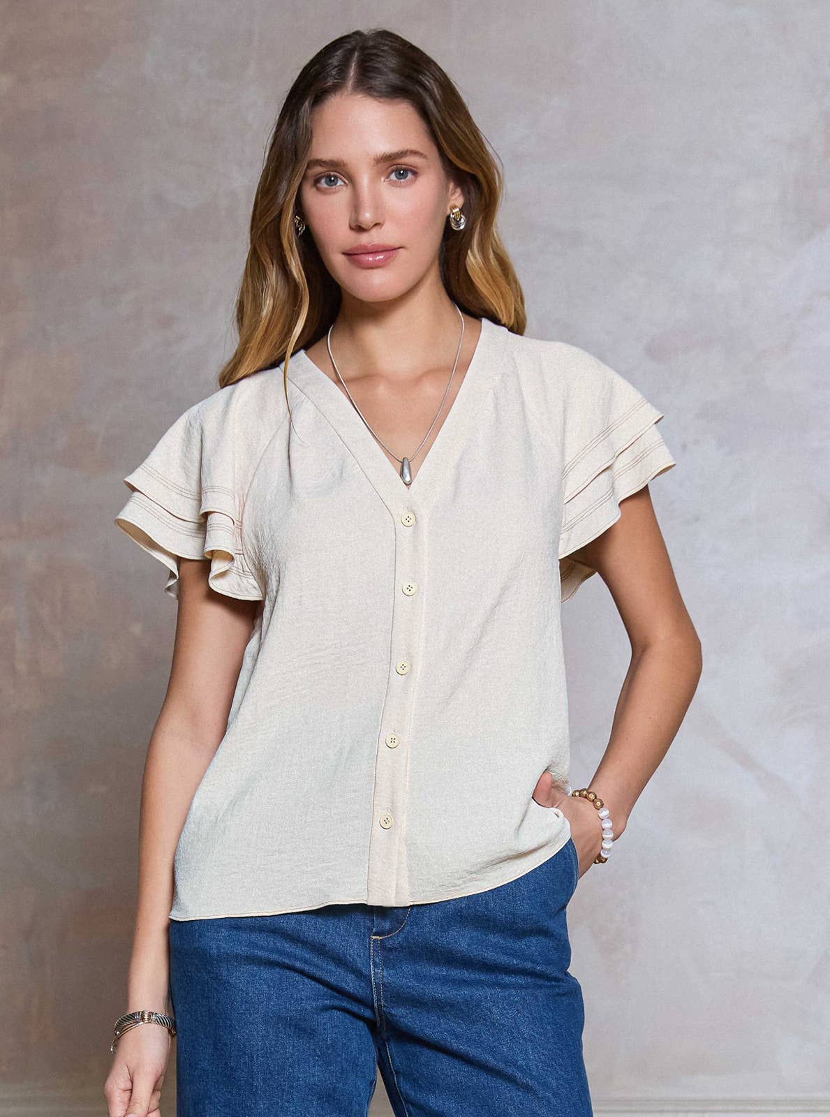 Flutter Sleeve Button Up Blouse