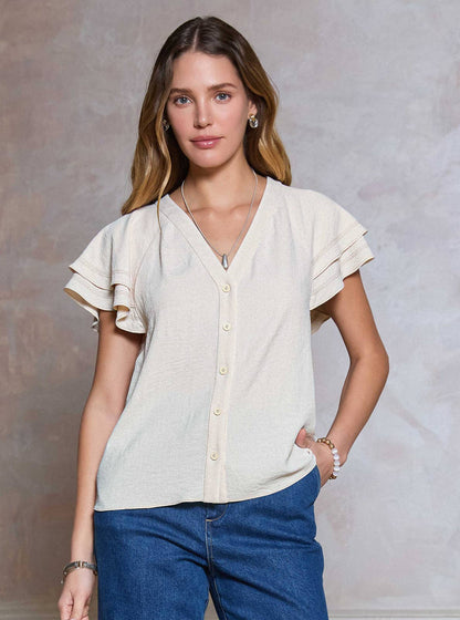 Flutter Sleeve Button Up Blouse