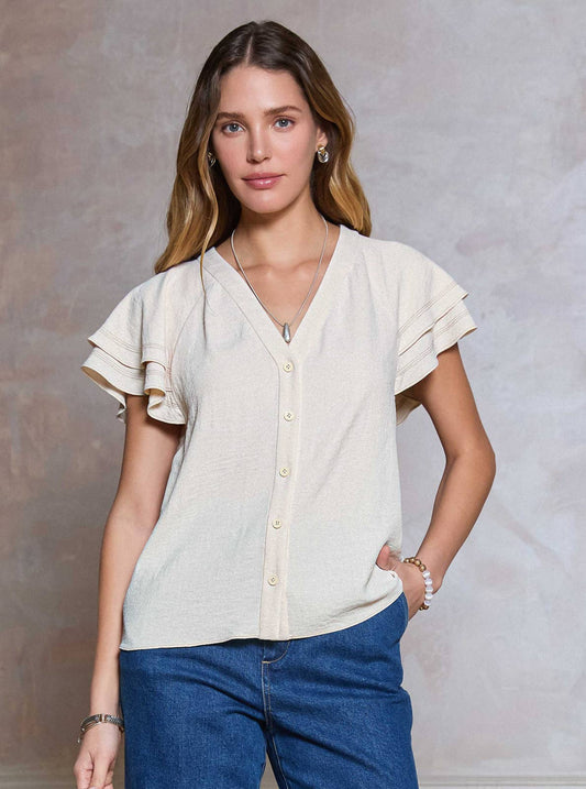 Flutter Sleeve Button Up Blouse