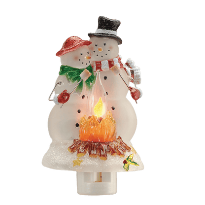Snowmen Couple Campfire Night Light With Holly, Plug-In