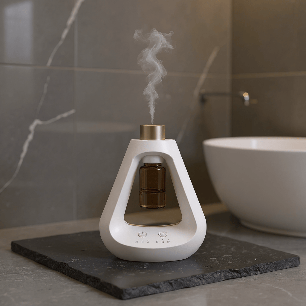 Candyl Delta white waterless essential oil diffuser emitting mist on slate tray