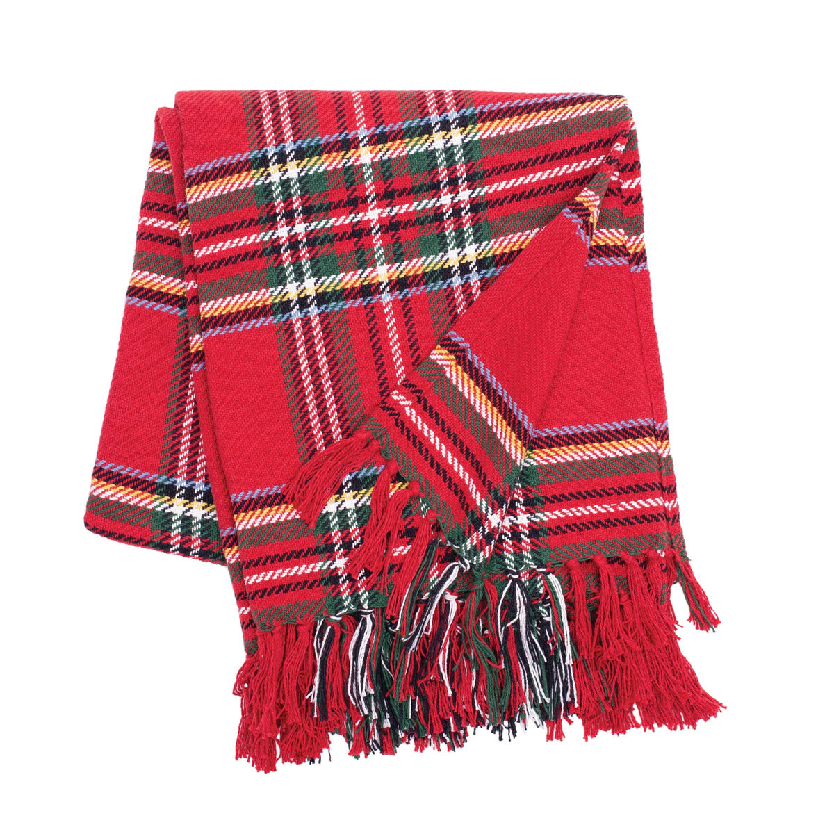 Red tartan plaid throw blanket with green, black, and yellow stripes and fringe trim