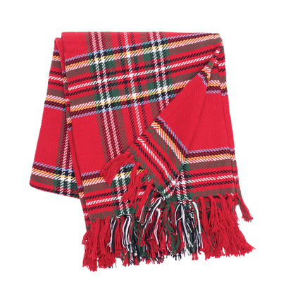 Red tartan plaid throw blanket with green, black, and yellow stripes and fringe trim