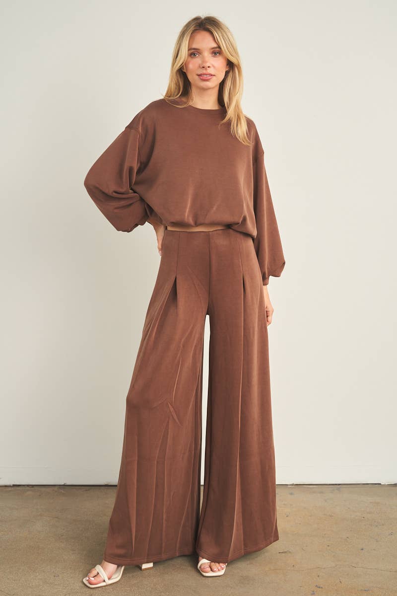 Chocolate brown wide-leg palazzo pants with pleated front and high waist