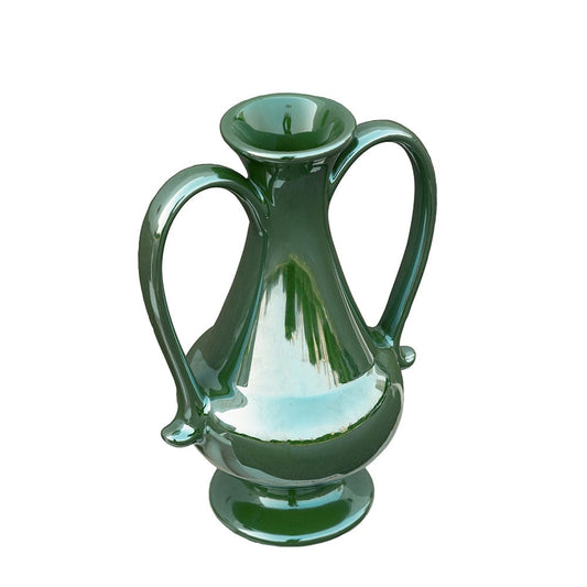 6.5x5x10" Green Ceramic Pedestal Vase with Handles and Green Electroplating
