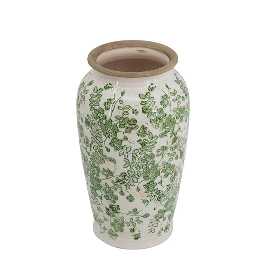 6.5x6.5x11.5" White Ceramic Flower Vase with Green Floral Pattern