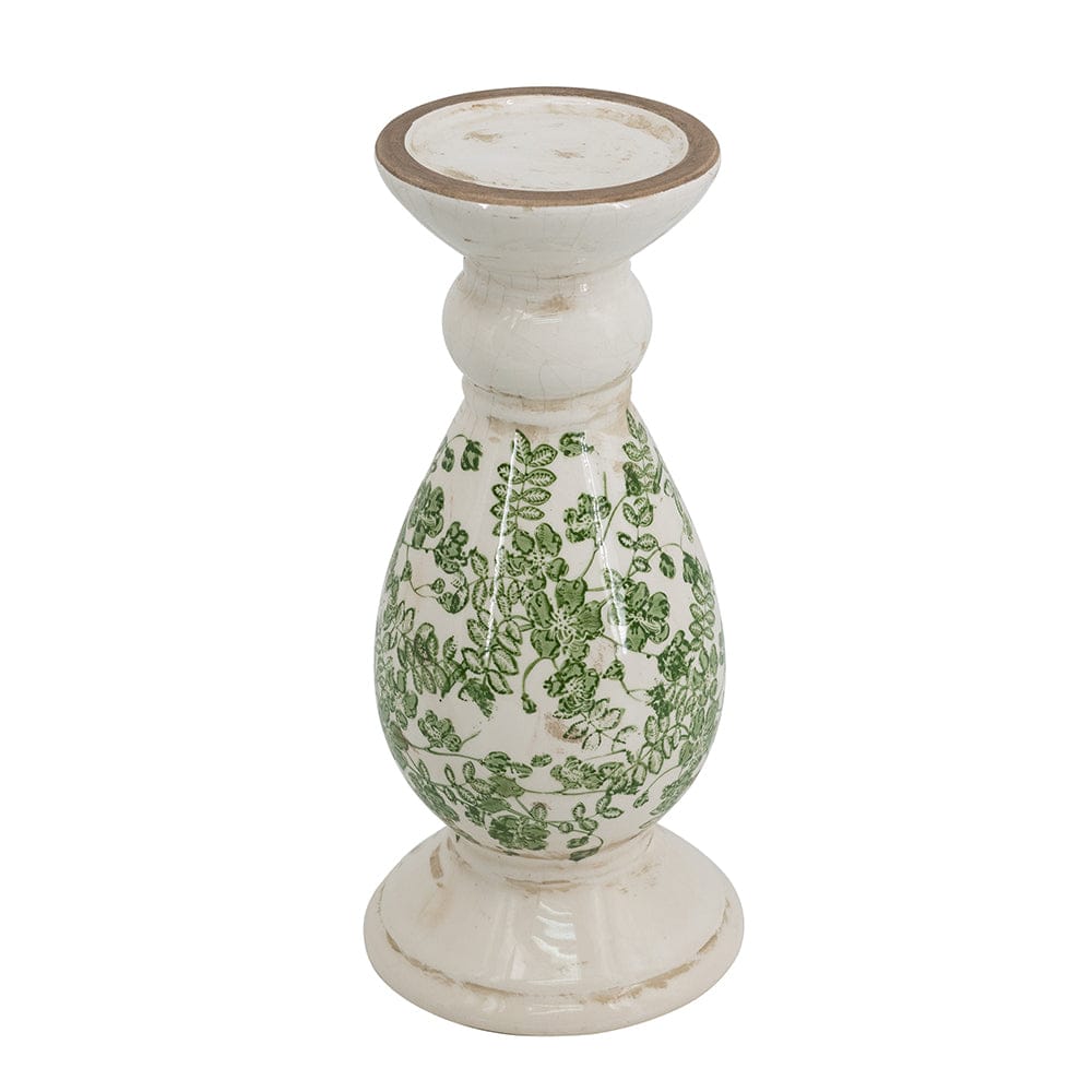 D5.5x12.5" White Ceramic Candle Holder with Green Floral Patterns, Large