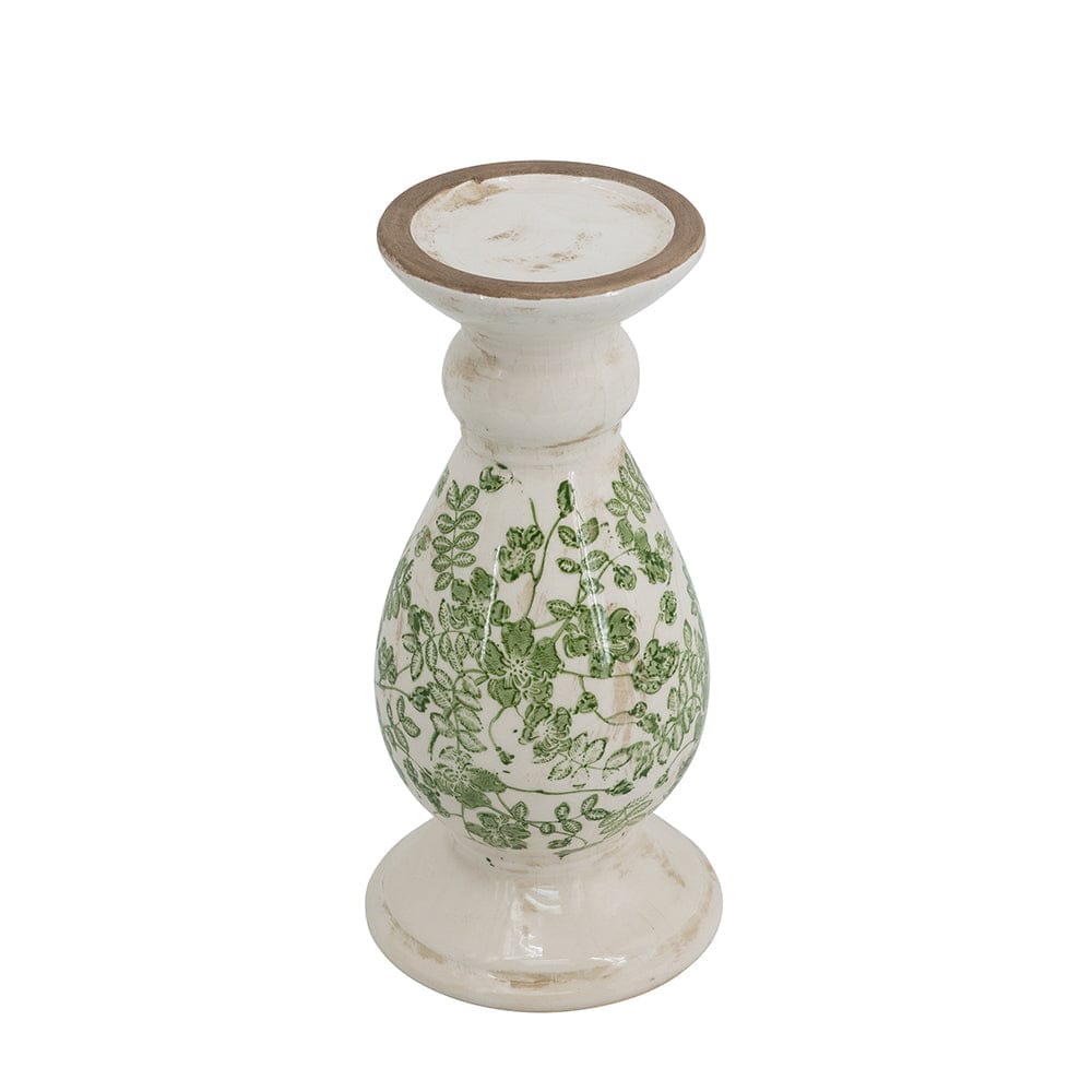 D4.5x10" White Ceramic Candle Holder with Green Floral Patterns, Small