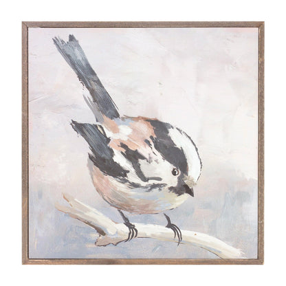 Framed canvas painting of a chickadee bird perched on a branch, rustic wood frame