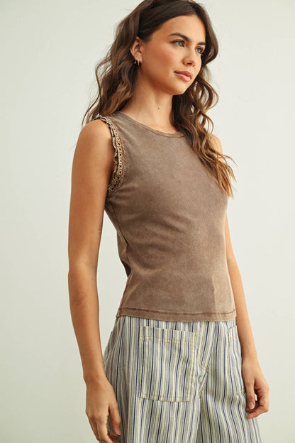 Crochet Ruffle Trim Ribbed Top
