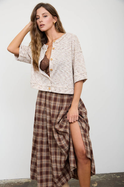 MARLED BUTTON DOWN SHORT SLEEVE RAW EDGE KNIT TOP